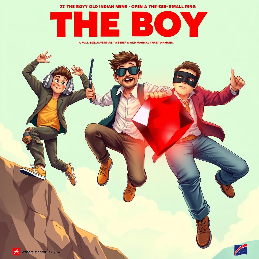 A whimsical and entertaining close-up poster titled 'The Boys', featuring three modern 27-year-old Indian men on a wild adventure to seize a magical small ring with a dazzling red diamond