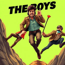 A whimsical and entertaining close-up poster titled 'The Boys', featuring three modern 27-year-old Indian men on a wild adventure to seize a magical small ring with a dazzling red diamond