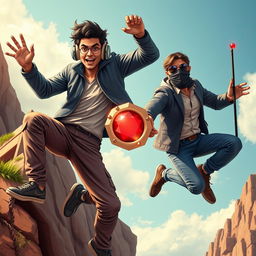 A whimsical and entertaining close-up poster titled 'The Boys', featuring three modern 27-year-old Indian men on a wild adventure to seize a magical small ring with a dazzling red diamond