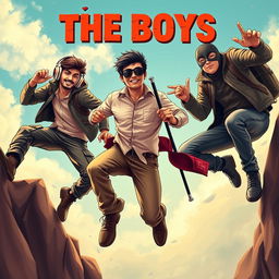 A whimsical and entertaining close-up poster titled 'The Boys', featuring three modern 27-year-old Indian men on a wild adventure to seize a magical small ring with a dazzling red diamond