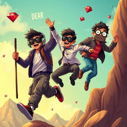 A whimsical and entertaining close-up poster titled 'The Boys', featuring three modern 27-year-old Indian men on a hilarious adventure to grab a captivating small ring with a striking red diamond