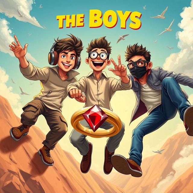 A whimsical and entertaining close-up poster titled 'The Boys', featuring three modern 27-year-old Indian men on a hilarious adventure to grab a captivating small ring with a striking red diamond