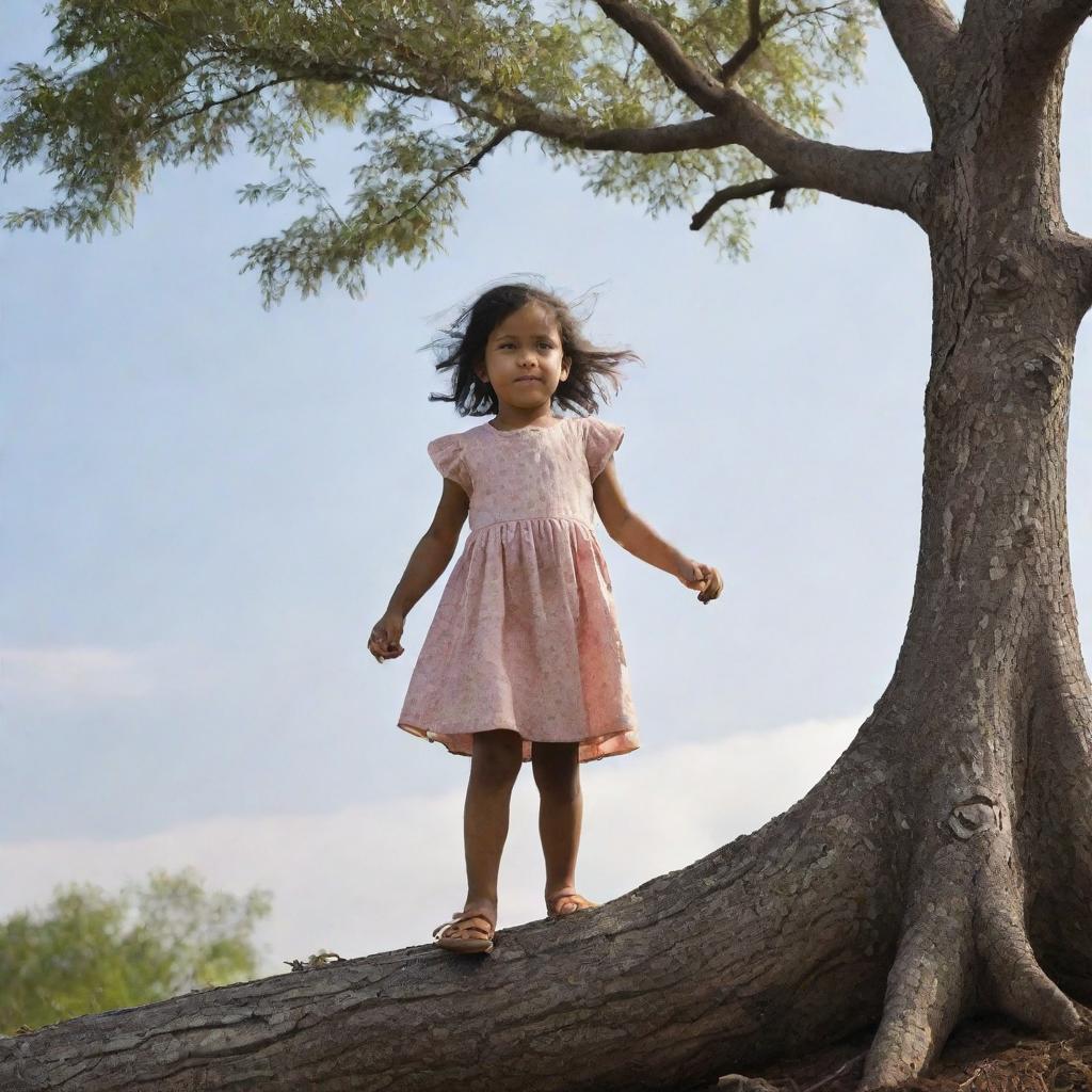 Depict the metaphorical growth of a small, spirited female child over time in an environment that suggests adversity. Emphasize resilience and her ability to rise above challenging circumstances.