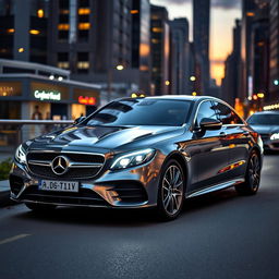 A sleek and modern Mercedes Benz car parked in an urban setting, with reflections of city lights on its glossy surface