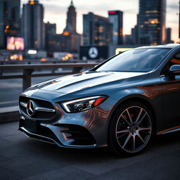 A sleek and modern Mercedes Benz car parked in an urban setting, with reflections of city lights on its glossy surface