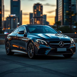 A sleek and modern Mercedes Benz car parked in an urban setting, with reflections of city lights on its glossy surface