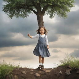 Depict the metaphorical growth of a small, spirited female child over time in an environment that suggests adversity. Emphasize resilience and her ability to rise above challenging circumstances.