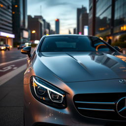 A sleek and modern Mercedes Benz car parked in an urban setting, with reflections of city lights on its glossy surface