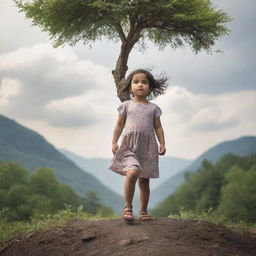 Depict the metaphorical growth of a small, spirited female child over time in an environment that suggests adversity. Emphasize resilience and her ability to rise above challenging circumstances.