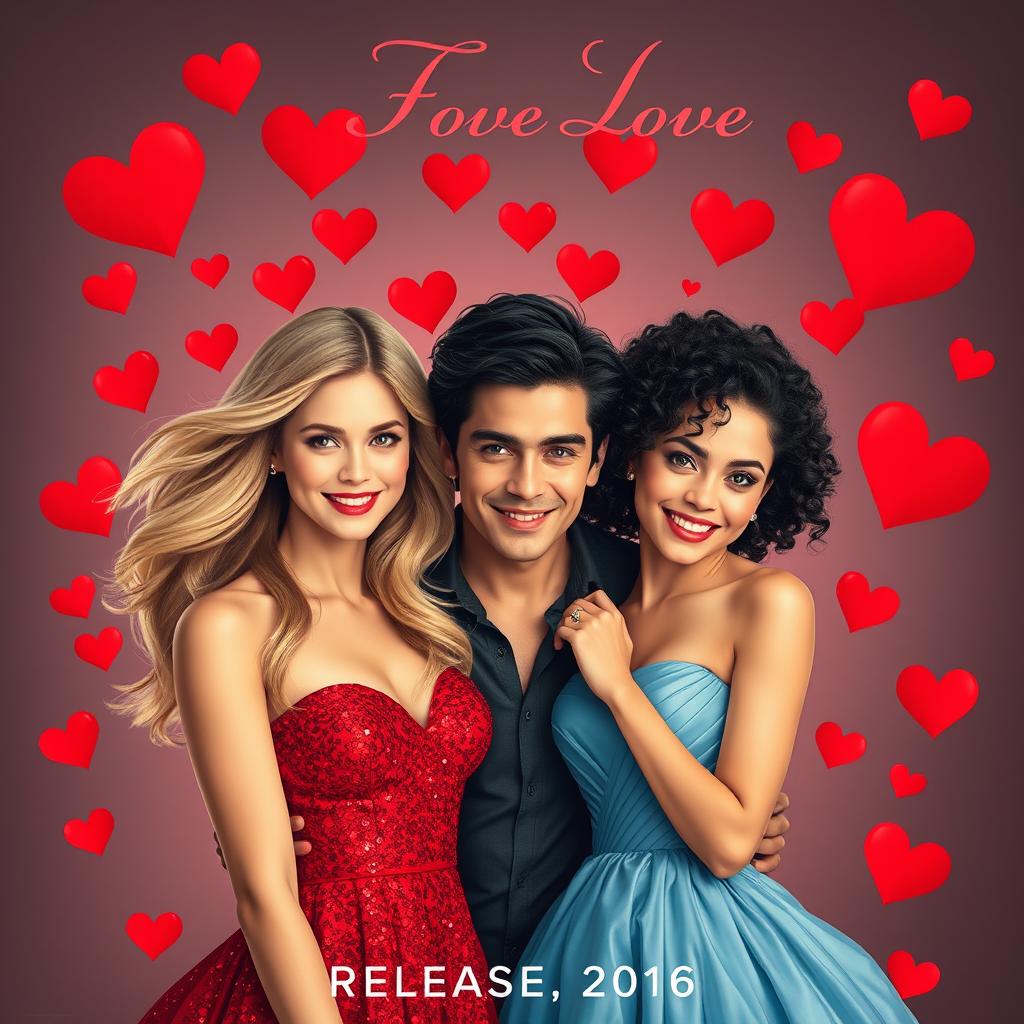 A romantic movie poster featuring three characters: one male and two female characters, all radiating love and joy