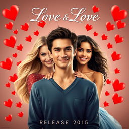 A romantic movie poster featuring three characters: one male and two female characters, all radiating love and joy