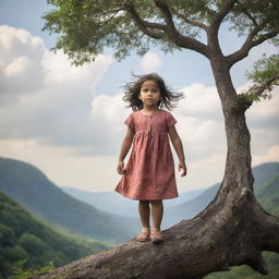 Depict the metaphorical growth of a small, spirited female child over time in an environment that suggests adversity. Emphasize resilience and her ability to rise above challenging circumstances.