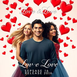 A romantic movie poster featuring three characters: one male and two female characters, all radiating love and joy