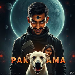 An electrifying cinematic film poster titled 'Parikrama', featuring a menacing 27-year-old Indian man with short hair and dark multiversal magical powers, boldly positioned in the expansive backdrop of our solar system