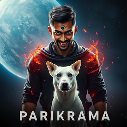 An electrifying cinematic film poster titled 'Parikrama', featuring a menacing 27-year-old Indian man with short hair and dark multiversal magical powers, boldly positioned in the expansive backdrop of our solar system