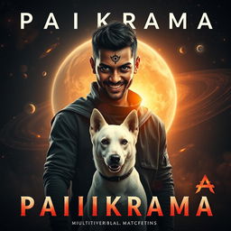 An electrifying cinematic film poster titled 'Parikrama', featuring a menacing 27-year-old Indian man with short hair and dark multiversal magical powers, boldly positioned in the expansive backdrop of our solar system