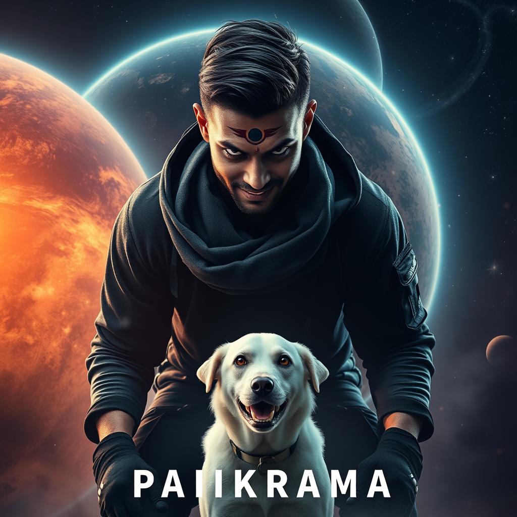 An electrifying cinematic film poster titled 'Parikrama', featuring a menacing 27-year-old Indian man with short hair and dark multiversal magical powers, boldly positioned in the expansive backdrop of our solar system