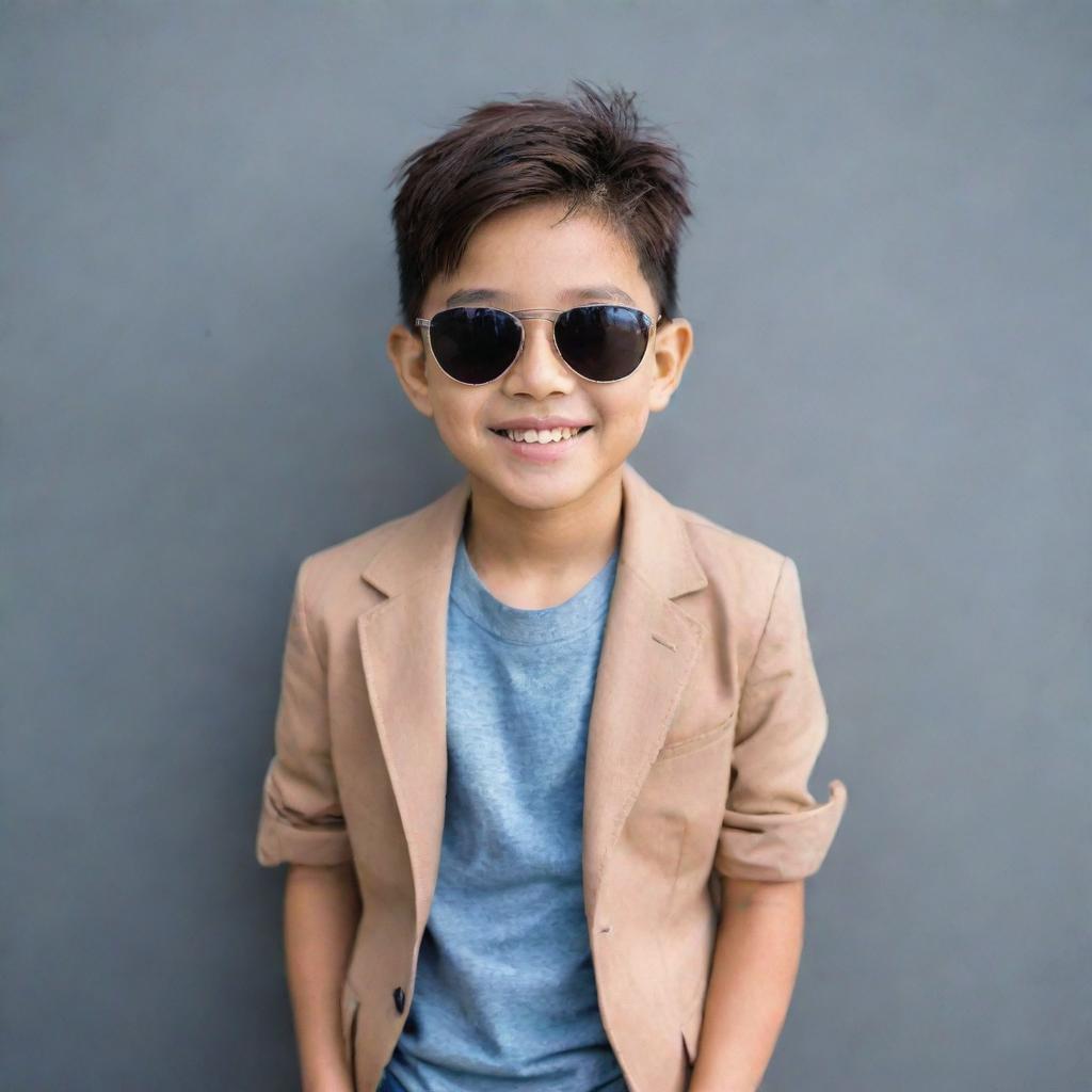 A cool, stylish Asian boy wearing trendy clothes, sunglasses, and having a confident smile.