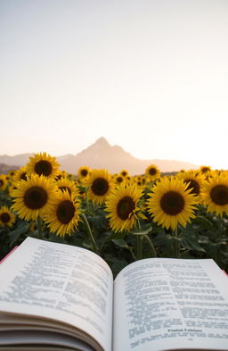 A picturesque scene featuring a beautiful book resting open in the foreground, surrounded by a vibrant sunflower garden