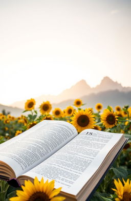 A picturesque scene featuring a beautiful book resting open in the foreground, surrounded by a vibrant sunflower garden