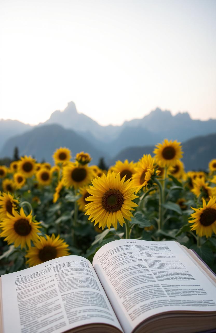 A picturesque scene featuring a beautiful book resting open in the foreground, surrounded by a vibrant sunflower garden