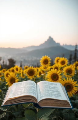 A picturesque scene featuring a beautiful book resting open in the foreground, surrounded by a vibrant sunflower garden