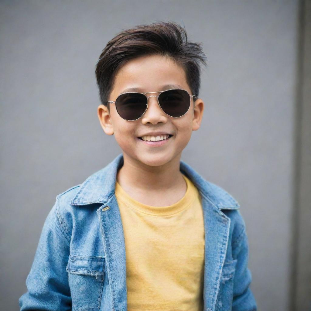 A cool, stylish Asian boy wearing trendy clothes, sunglasses, and having a confident smile.