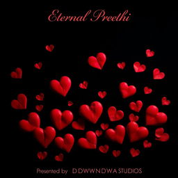 An emotionally charged artwork featuring red hearts scattered against a deep black background, embodying a theme of love infused with sadness