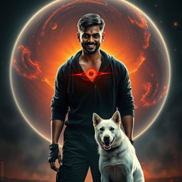 An electrifying cinematic film poster titled 'Parikrama', featuring a striking 27-year-old Indian man with short hair, embodying multiversal dark magical powers, standing defiantly within the captivating backdrop of our solar system