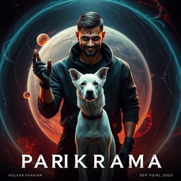 An electrifying cinematic film poster titled 'Parikrama', featuring a striking 27-year-old Indian man with short hair, embodying multiversal dark magical powers, standing defiantly within the captivating backdrop of our solar system