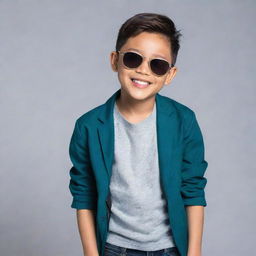 A cool, stylish Asian boy wearing trendy clothes, sunglasses, and having a confident smile.