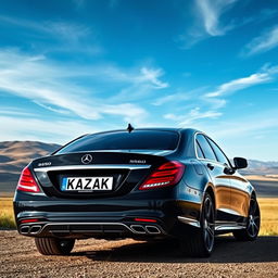 A striking poster featuring a fully black Mercedes Benz S560, prominently displayed with a customized Kazakhstan license plate reading 'KAZAK'