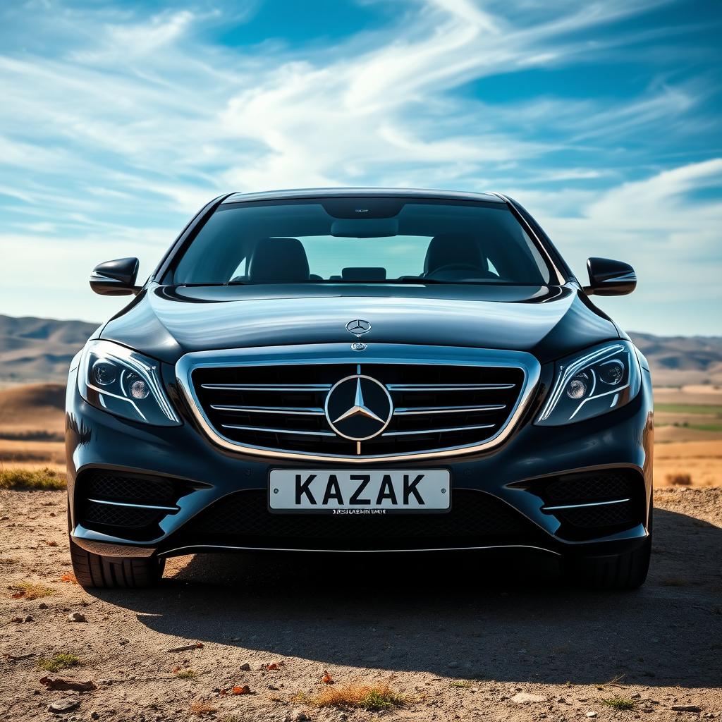 A striking poster featuring a fully black Mercedes Benz S560, prominently displayed with a customized Kazakhstan license plate reading 'KAZAK'