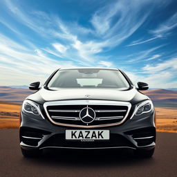 A striking poster featuring a fully black Mercedes Benz S560, prominently displayed with a customized Kazakhstan license plate reading 'KAZAK'