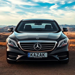 A striking poster featuring a fully black Mercedes Benz S560, prominently displayed with a customized Kazakhstan license plate reading 'KAZAK'