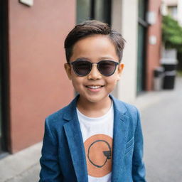 A cool, stylish Asian boy wearing trendy clothes, sunglasses, and having a confident smile.