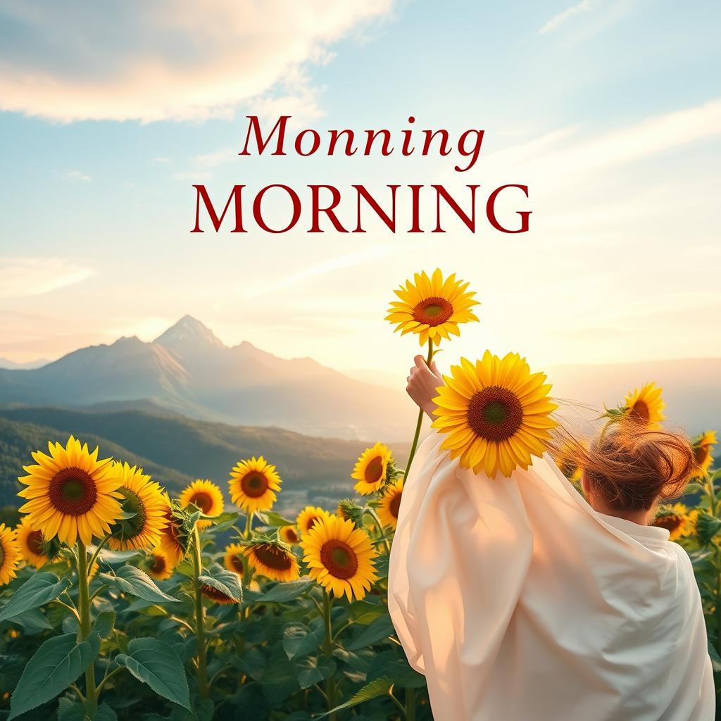 A stunning book cover design featuring a breathtaking view of sunflowers in full bloom in the foreground, set against a beautiful mountain backdrop