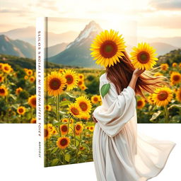 A stunning book cover design featuring a breathtaking view of sunflowers in full bloom in the foreground, set against a beautiful mountain backdrop