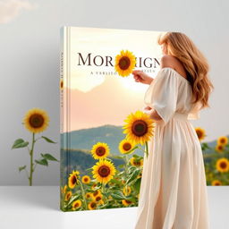 A stunning book cover design featuring a breathtaking view of sunflowers in full bloom in the foreground, set against a beautiful mountain backdrop