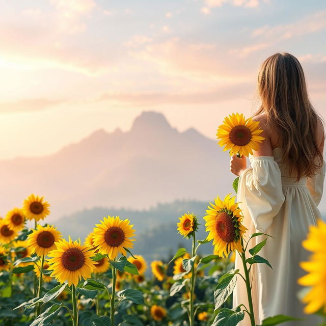 A stunning book cover design featuring a breathtaking view of sunflowers in full bloom in the foreground, set against a beautiful mountain backdrop