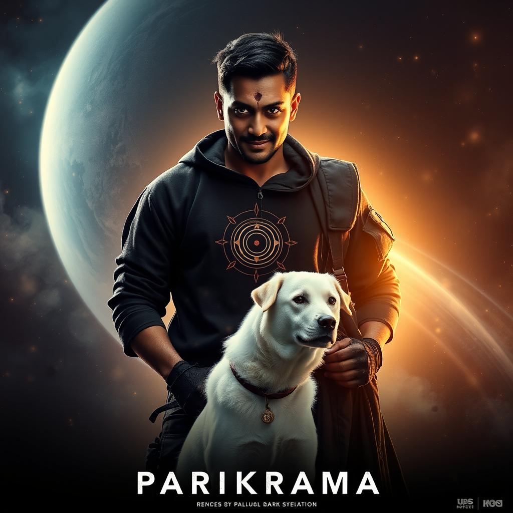 An intense cinematic film poster titled 'Parikrama', featuring a formidable 27-year-old Indian man with short hair, showcasing his multiversal dark magical powers while standing dramatically in the cosmic expanse of our solar system