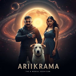 An intense cinematic film poster titled 'Parikrama', featuring a formidable 27-year-old Indian man with short hair, showcasing his multiversal dark magical powers while standing dramatically in the cosmic expanse of our solar system