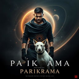 An intense cinematic film poster titled 'Parikrama', featuring a formidable 27-year-old Indian man with short hair, showcasing his multiversal dark magical powers while standing dramatically in the cosmic expanse of our solar system