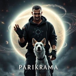 An intense cinematic film poster titled 'Parikrama', featuring a formidable 27-year-old Indian man with short hair, showcasing his multiversal dark magical powers while standing dramatically in the cosmic expanse of our solar system