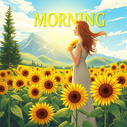 An illustrated book cover design featuring a breathtaking view of a sunflower field in full bloom, set against a stunning mountain range in the background