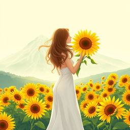 An illustrated book cover design featuring a breathtaking view of a sunflower field in full bloom, set against a stunning mountain range in the background