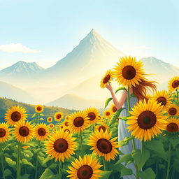 An illustrated book cover design featuring a breathtaking view of a sunflower field in full bloom, set against a stunning mountain range in the background