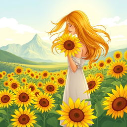 An illustrated book cover design featuring a breathtaking view of a sunflower field in full bloom, set against a stunning mountain range in the background