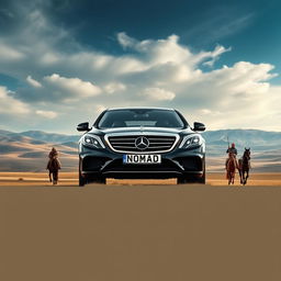 A powerful poster featuring a fully black Mercedes Benz S560 prominently displayed with a customized Kazakhstan license plate reading 'NOMAD'