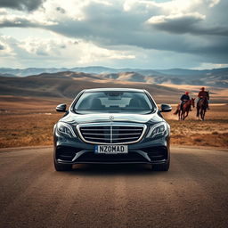 A powerful poster featuring a fully black Mercedes Benz S560 prominently displayed with a customized Kazakhstan license plate reading 'NOMAD'